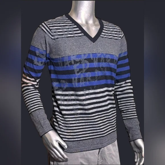 NEW!!! Men's Striped V-Neck Sweater - Black, Blue, Gray, Sz XL